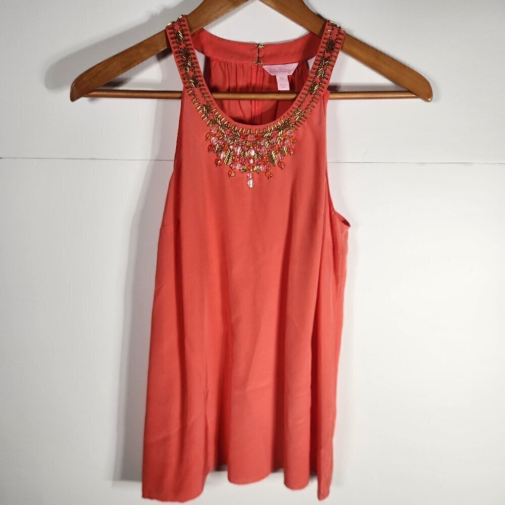 Lilly Pulitzer 100% Silk Corsica Coral Beaded Tank Top Size XS